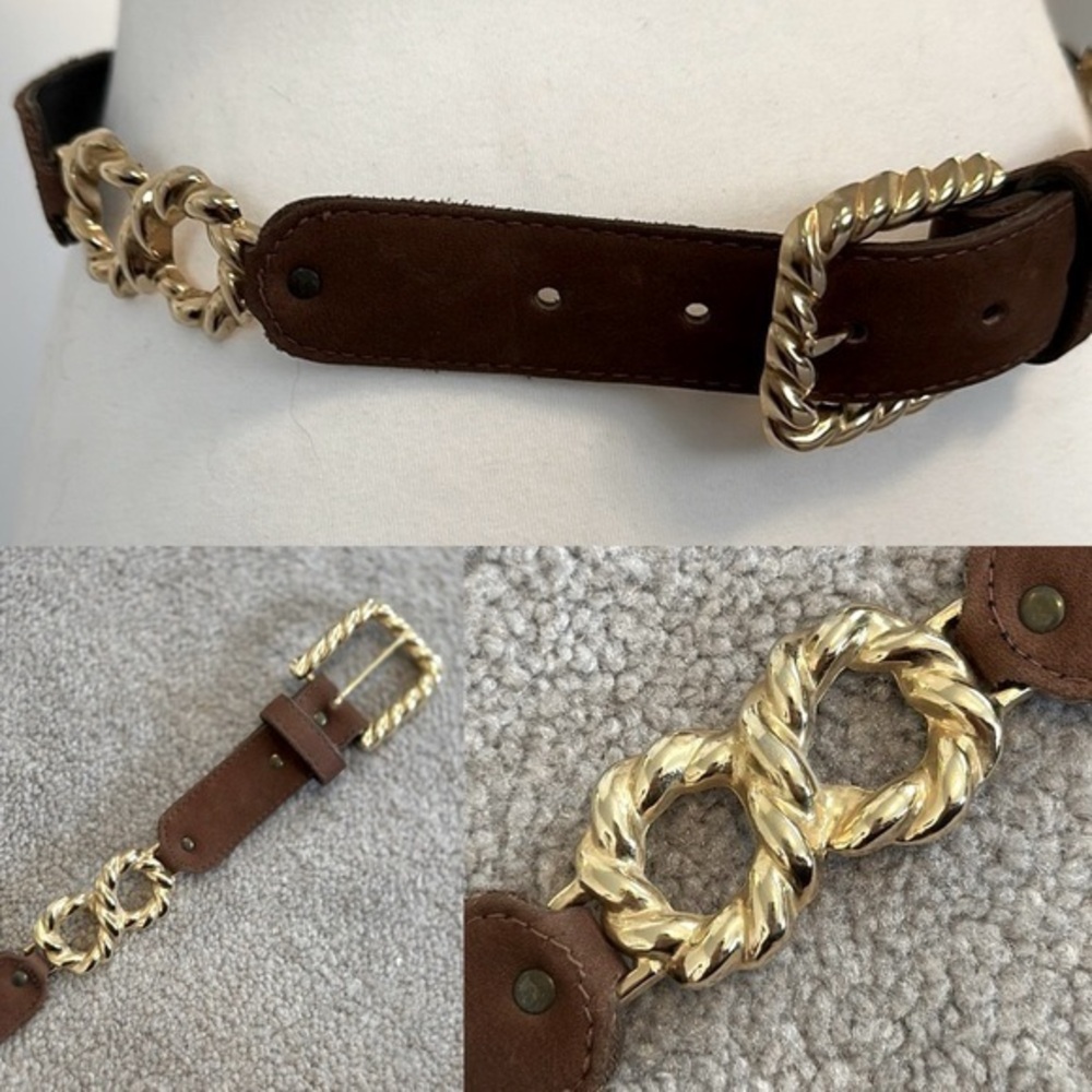 Brown Nubuck Suede Genuine Leather Gold Accent Rope Belt M/L